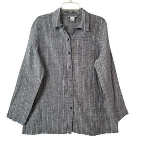 Style & Co Gray Striped 100% Linen Button Down Collared Side‎ Slit Shirt Top
